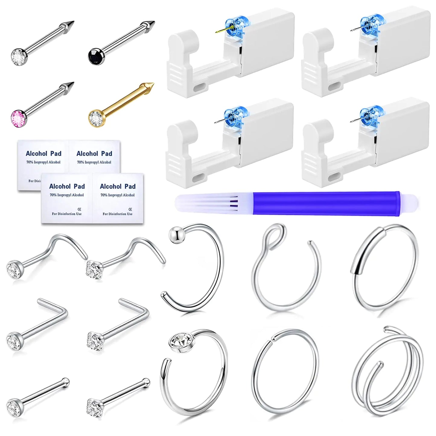 Nunpag 25PCS Nose Piercing Kit with 4 Pack Disposable Self Nose Piercing Gun with 16PCS 20G CZ Nose Studs Rings Hoop Stainless Steel Jewelry with Nose Stud Piercing Kit Tool for Nose Septum