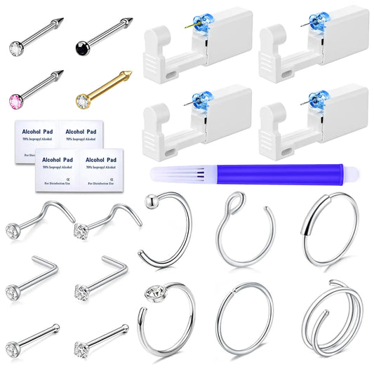 Nunpag 25PCS Nose Piercing Kit with 4 Pack Disposable Self Nose Piercing Gun with 16PCS 20G CZ Nose Studs Rings Hoop Stainless Steel Jewelry with Nose Stud Piercing Kit Tool for Nose Septum
