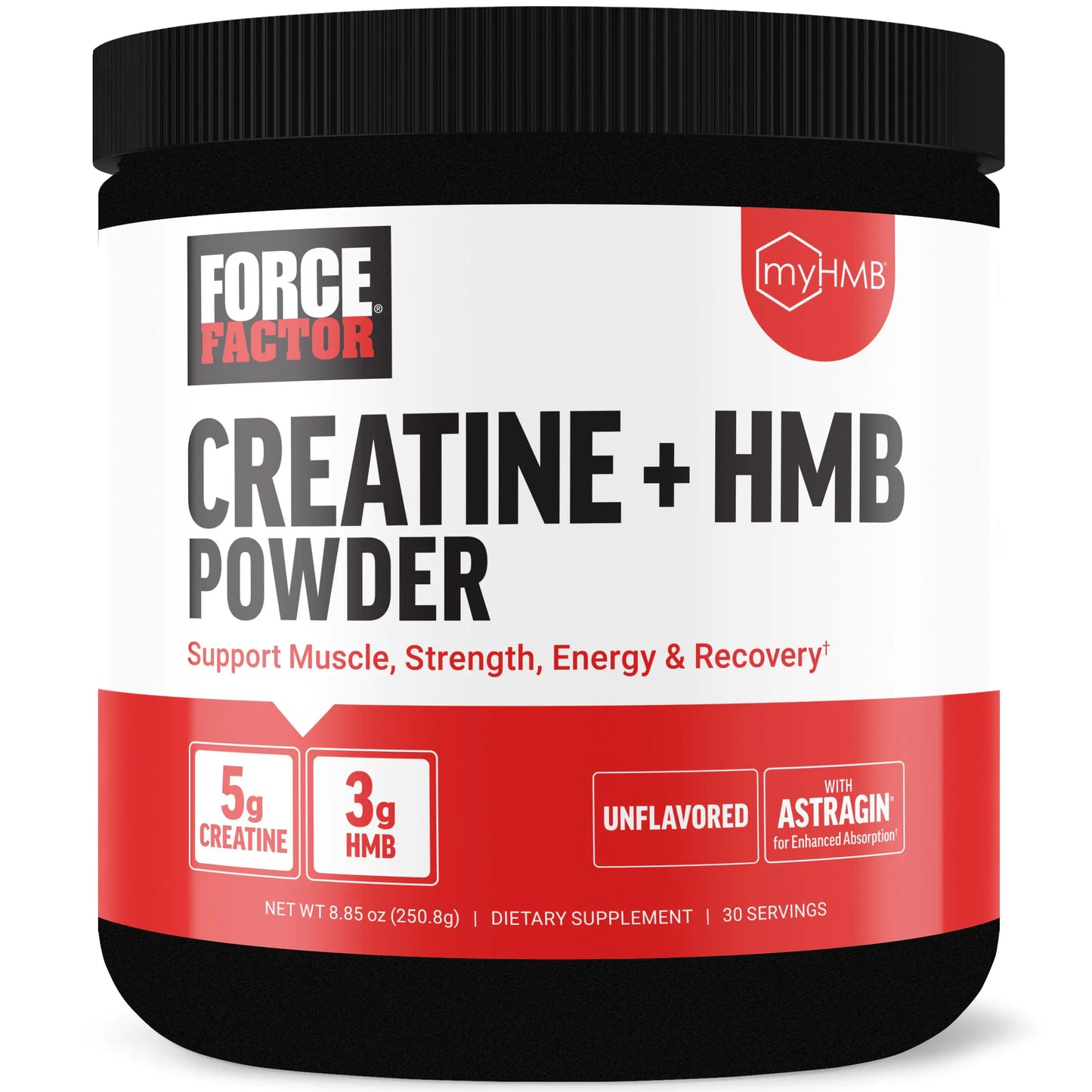 FORCE FACTOR Creatine HMB 5g Creatine Monohydrate Powder 3g myHMB Support Muscle Strength Energy & Recovery with AstraGin for Enhanced Absorption ~30 Servings Unflavored Powder