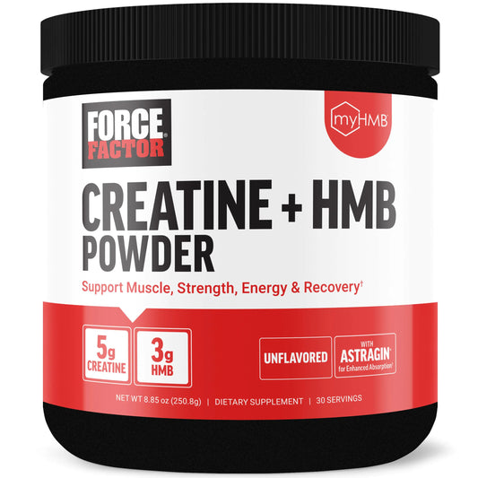 FORCE FACTOR Creatine HMB 5g Creatine Monohydrate Powder 3g myHMB Support Muscle Strength Energy & Recovery with AstraGin for Enhanced Absorption ~30 Servings Unflavored Powder